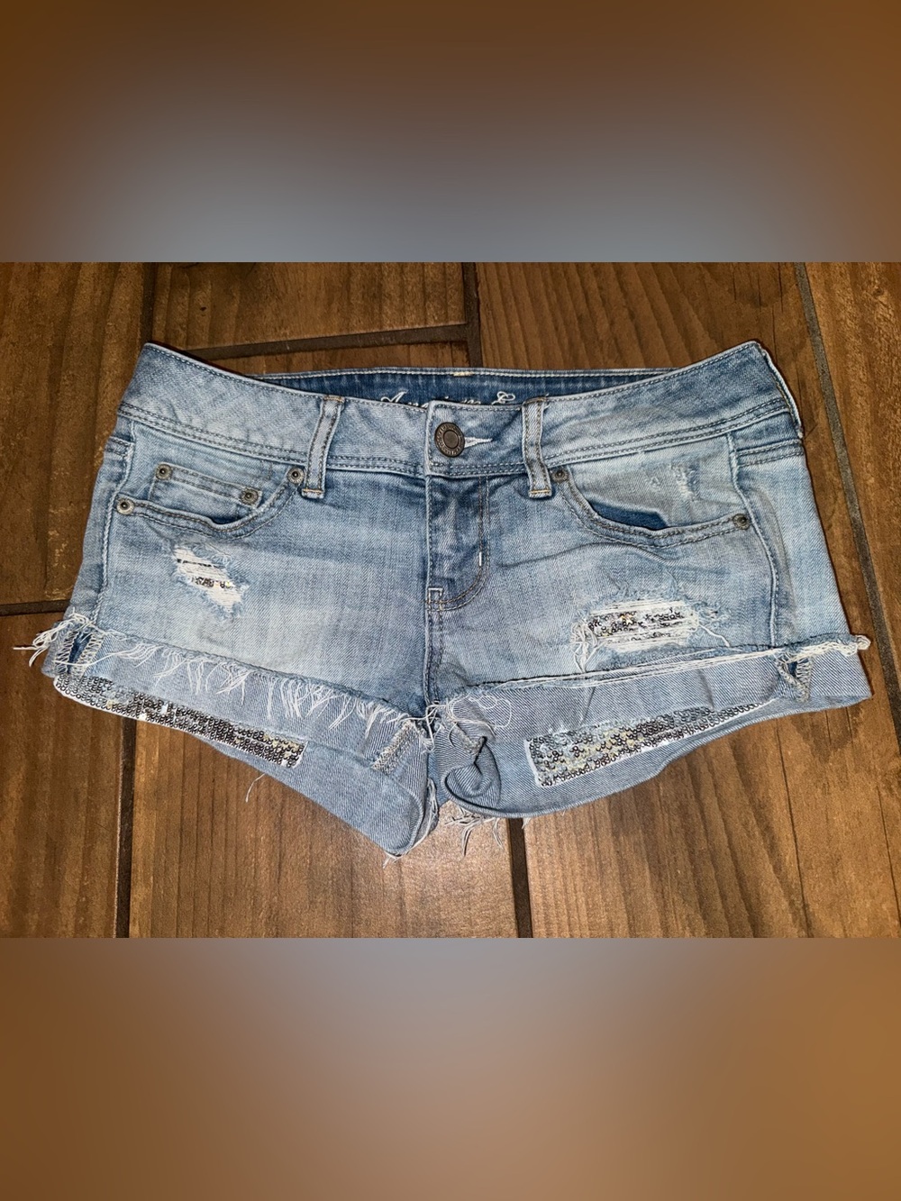 American Eagle Stretch Festival Distressed SequinslightBlueDenimJean ShortShorts